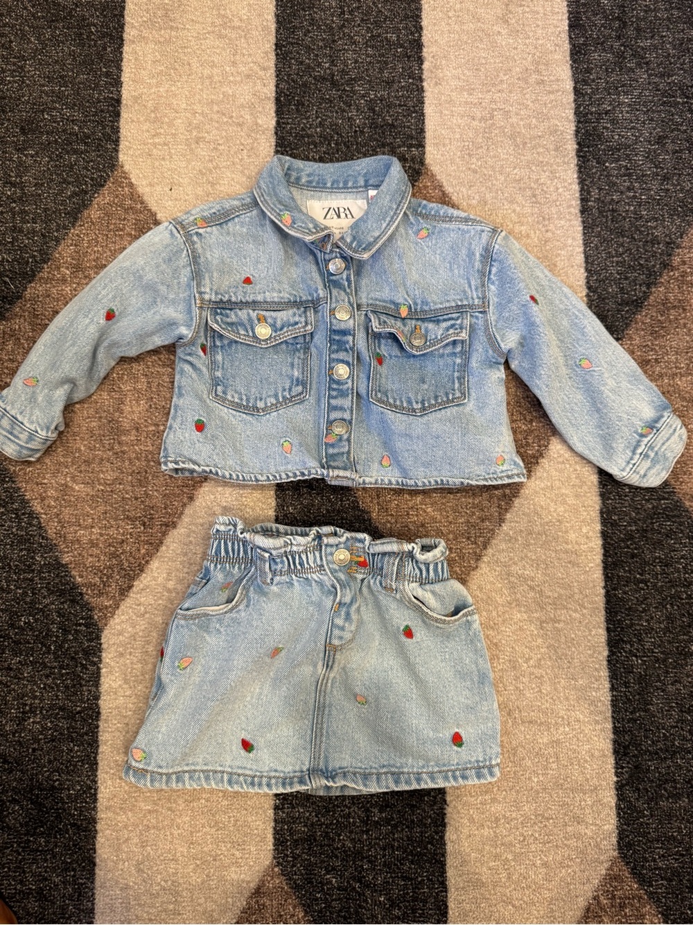 Zara Kids Light Blue Strawberry Embroidered Denim Jacket & Skirt Set